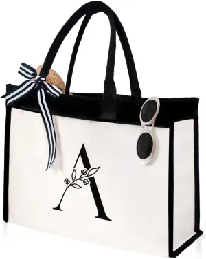 SANDJEST Initial Canvas Tote Bag Embroidered Monogrammed Beach Bags Gift for Women Friend Coworker Bridesmaid