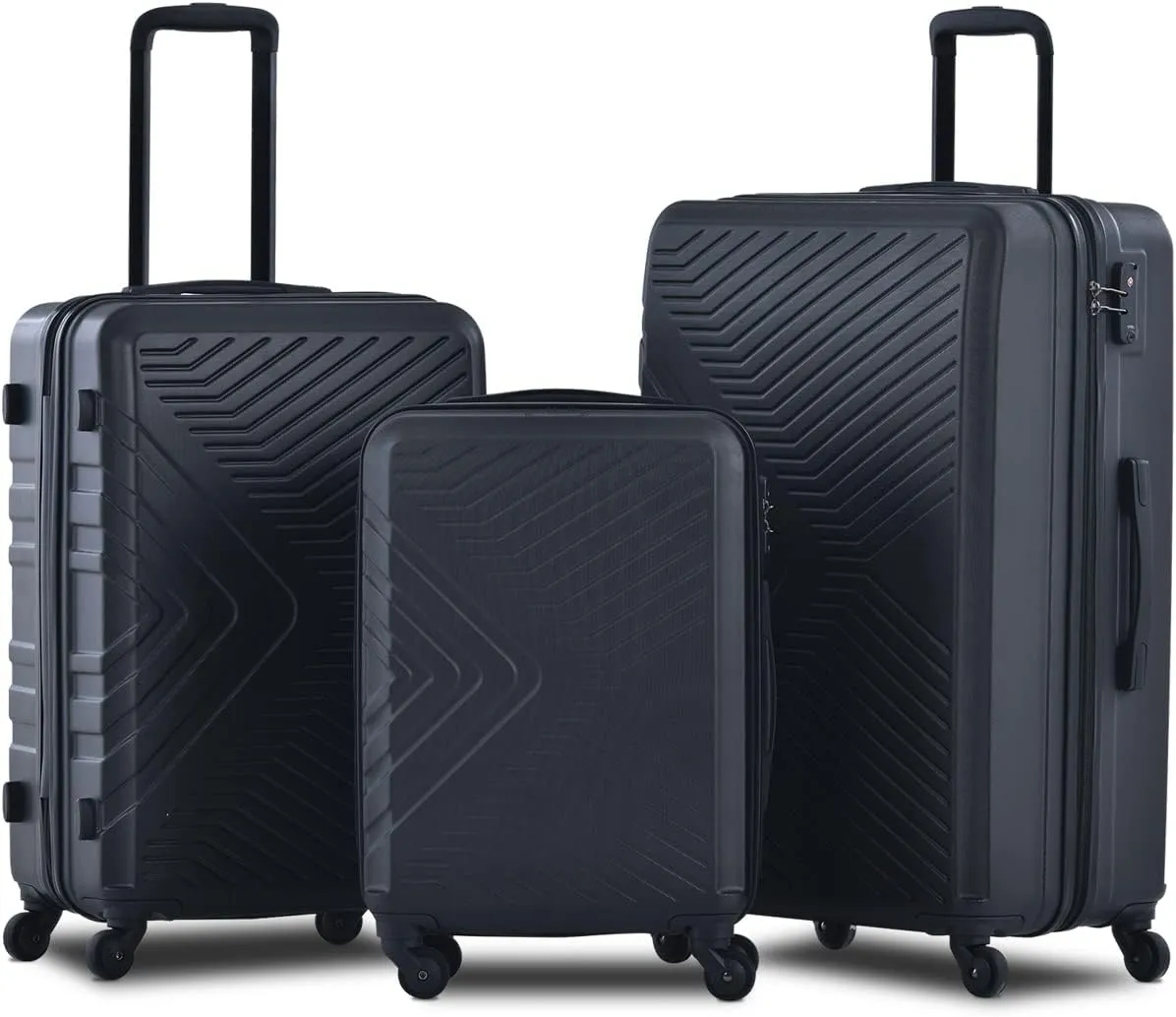 Secure Travel with 3 Piece Lightweight Luggage Set, Telescoping Handles and Spinner Wheels, Black