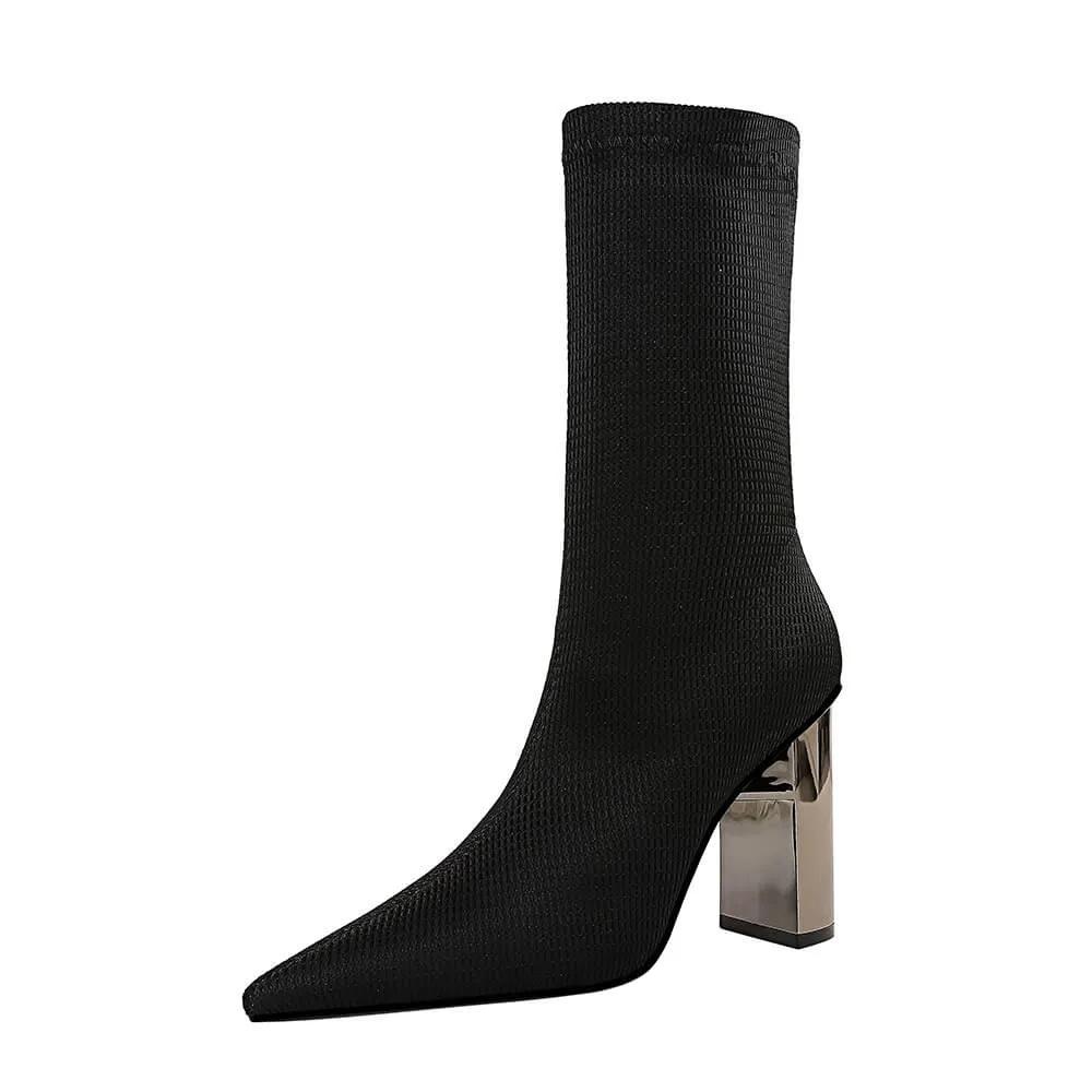 Sexy Black Point Toe Wool High Chunky Heel Calf Boots