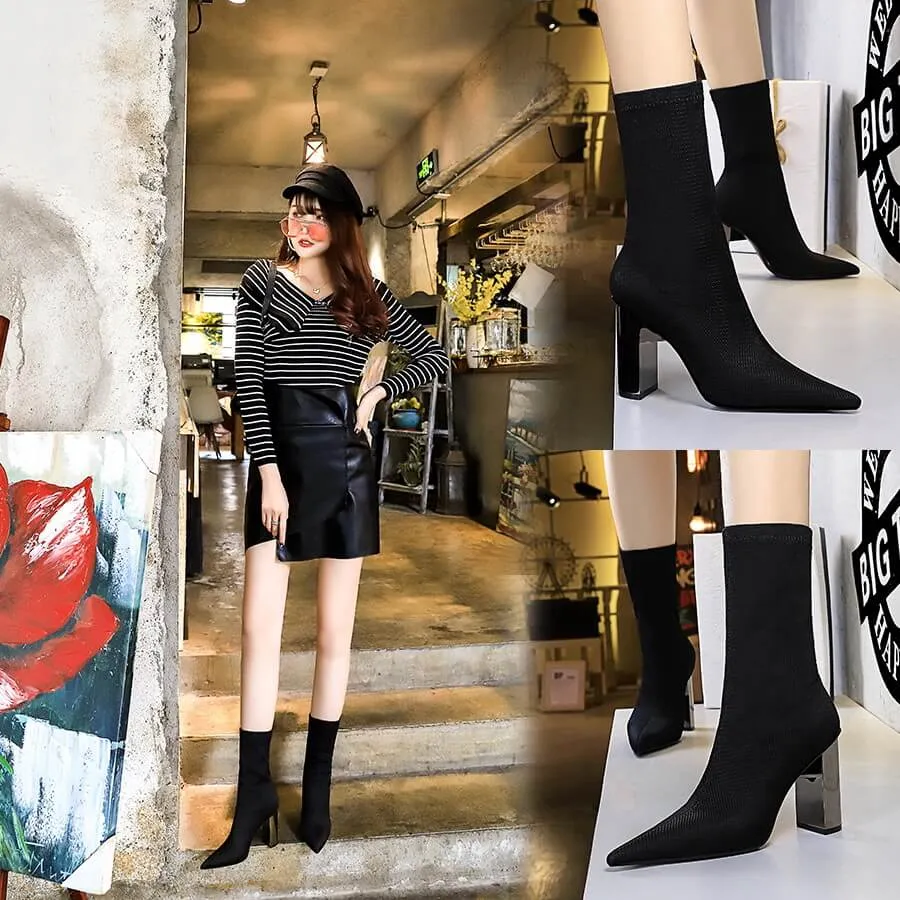 Sexy Black Point Toe Wool High Chunky Heel Calf Boots
