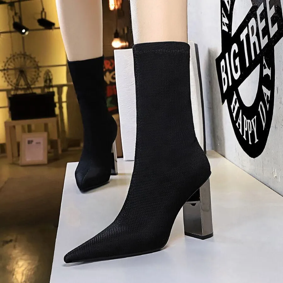 Sexy Black Point Toe Wool High Chunky Heel Calf Boots