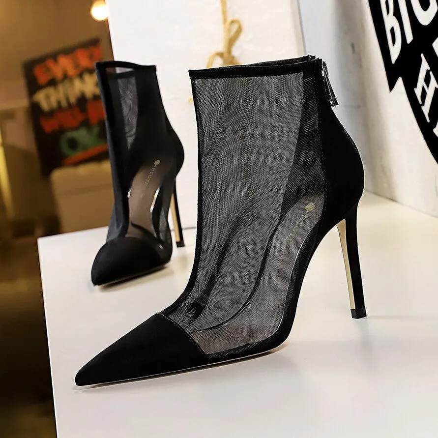 Sexy Mesh Point Toe Cutout Zipper High Heel Ankle Boots