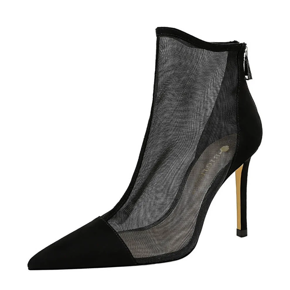 Sexy Mesh Point Toe Cutout Zipper High Heel Ankle Boots