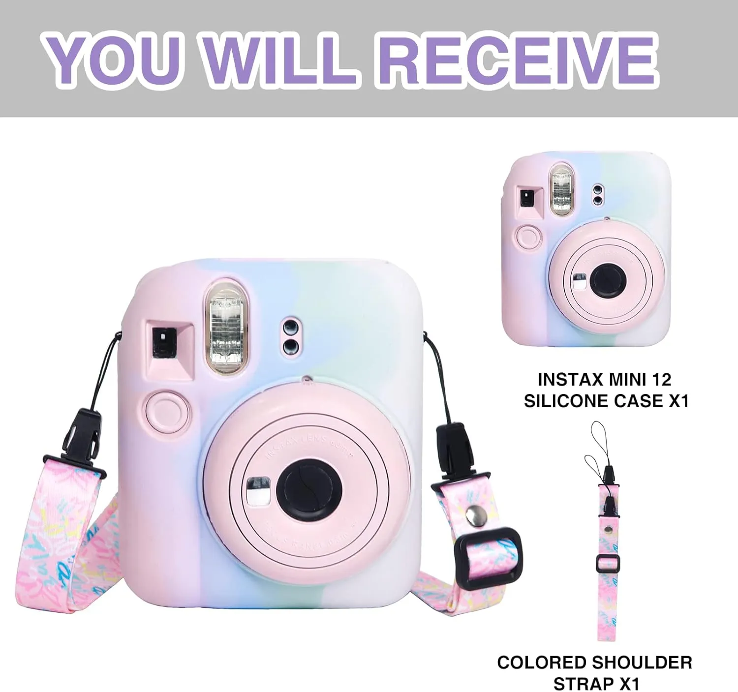Silicone Case for Fujifilm Instax Mini 12 Instant Camera Protective Camera Case with Adjustable Shoulder Strap - Light Gradient(No Camera)