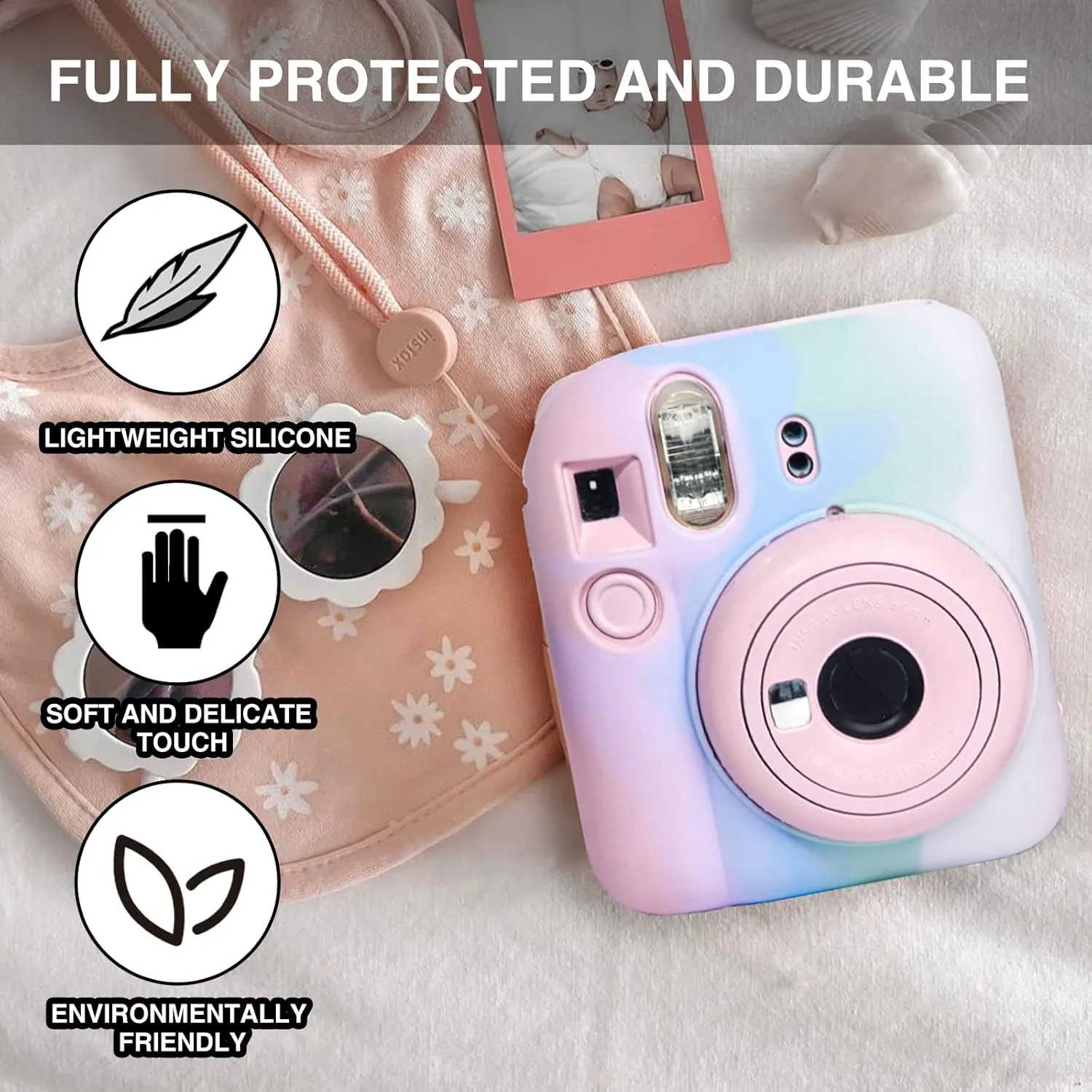 Silicone Case for Fujifilm Instax Mini 12 Instant Camera Protective Camera Case with Adjustable Shoulder Strap - Light Gradient(No Camera)