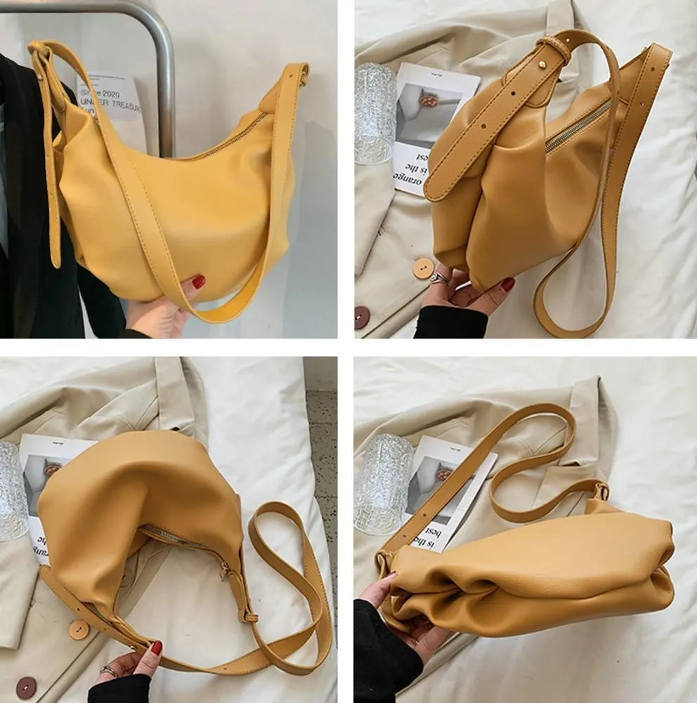 Slouchy PU Leather Crescent Hobo Bags Women Underarm Crossbody Purse Trendy Satchels Shoulder Bag Top-handle Tote Handbag