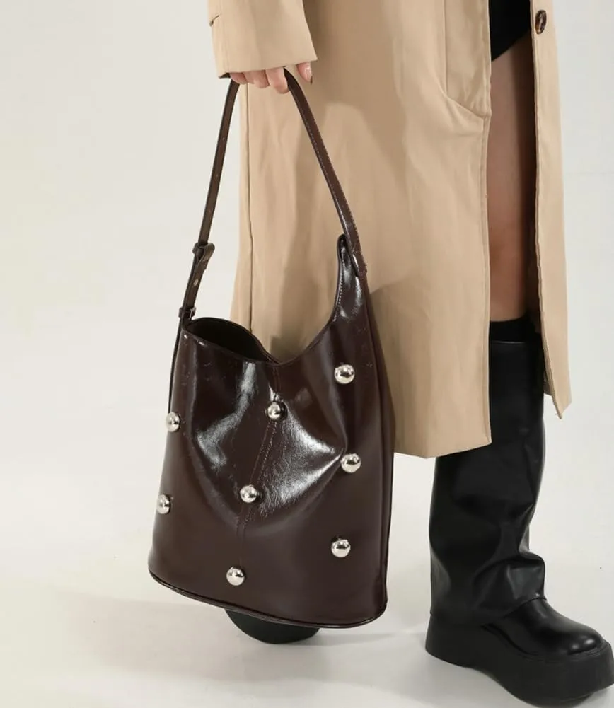 Slouchy PU Leather Hobo Bags Women Trendy Shoulder Bag Crescent Crossbody Phone Purse Cute Rivet Satchels Tote Handbag