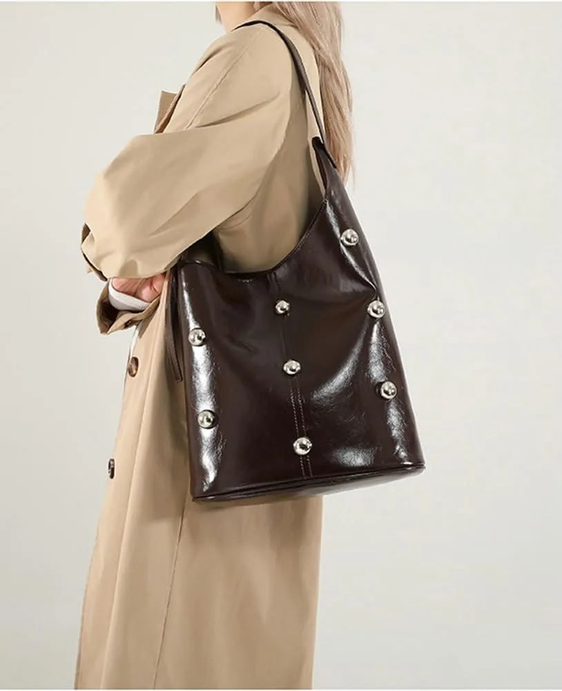 Slouchy PU Leather Hobo Bags Women Trendy Shoulder Bag Crescent Crossbody Phone Purse Cute Rivet Satchels Tote Handbag