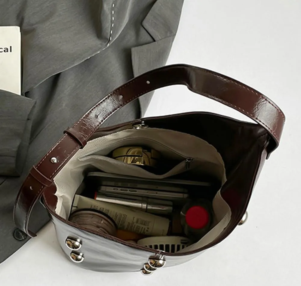 Slouchy PU Leather Hobo Bags Women Trendy Shoulder Bag Crescent Crossbody Phone Purse Cute Rivet Satchels Tote Handbag