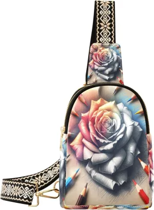 Small Sling Bag Fanny Packs Crossbody Bags for Women Artistic Valentines Day Rose Leather Fashion Chest Bag Belt Bag for Women for Travel Sports Running Hiking