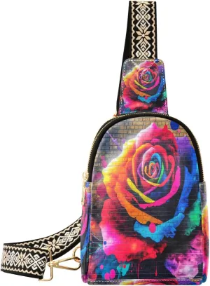 Small Sling Bag Fanny Packs Crossbody Bags for Women Artistic Valentines Dayl Rose Leather Fashion Chest Bag Belt Bag for Women for Travel Sports Running Hiking
