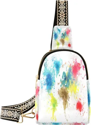 Small Sling Bag Waist Packs Leather Crossbody Packs Chest Bag Artistic Watercolor Map for Women Travel Belt Purse