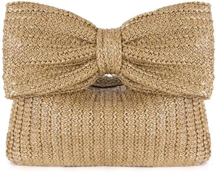 Straw Clutch with Bow for Women Formal Evening Clutch Summer Beach Bags Envelope Clutch for Wedding Party