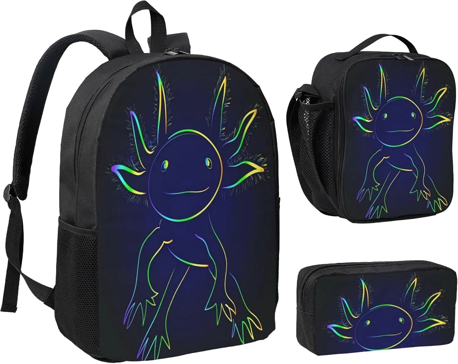 Stylized Rainbow Axolotls 3Pcs Backpack Unisex Adjustable Backpacks,Travel Laptop Backpack