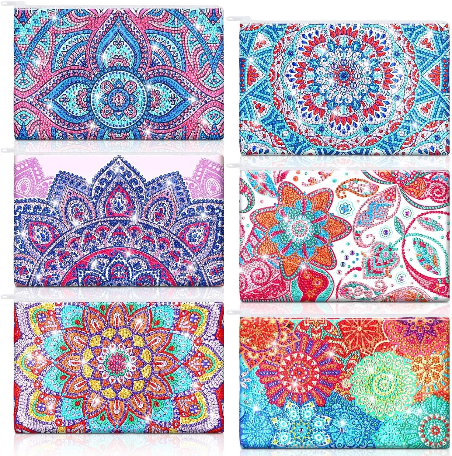 Sweetude 6 Pcs Mandala DIY Diamond Painting Purses Toiletry 5D DIY Makeup Bags Handmade Rhinestone Design Diamond Painting Cosmetic Bags Bulk with Zipper for Women Christmas Gift