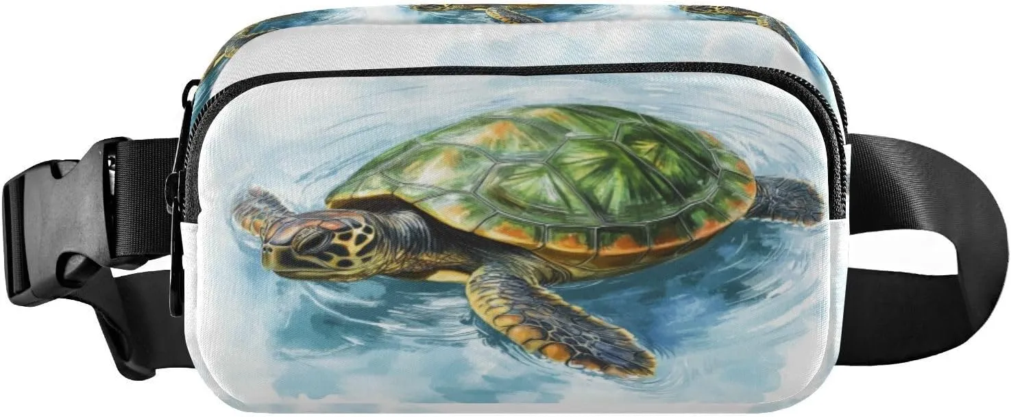 Swimming Turtle Artistic Blue Fanny Packs for Women Men Crossbody Bags Everywhere Belt Bag with Adjustable Strap Fashion Waist Pack for Running Travel Workout