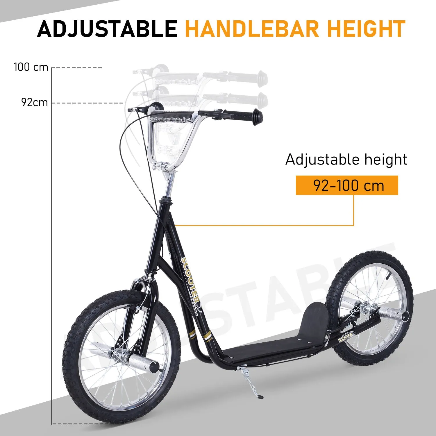 Teen Scooter Children Stunt Scooter W/ 16" Tyres Adjustable Height, Black