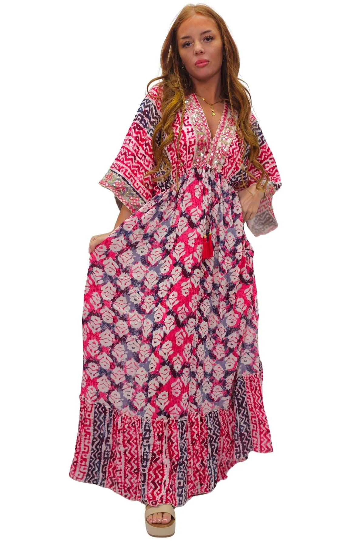 Tie Dye Geometric Print Bohemian Maxi Style Dress