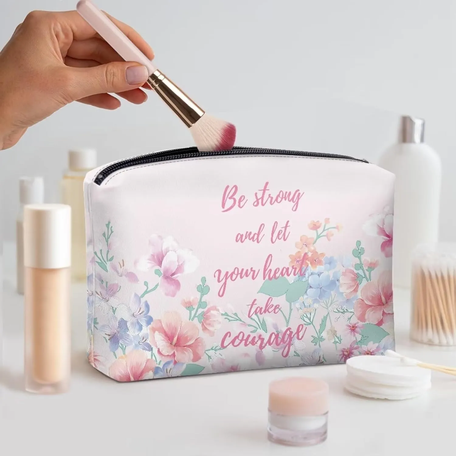 TODIYADDU Be Strong and Take Courage Clutches for Women Evening Womens Travel Exquisite Floral Toiletry Bag Makeup Organizer Bag Travel Handbag Storage Organizer Small Cosmetic Bag for Purse Gifts