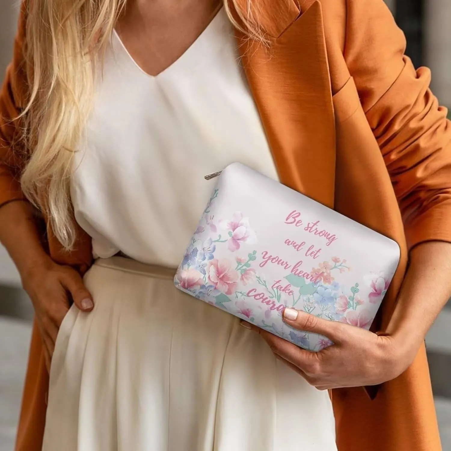 TODIYADDU Be Strong and Take Courage Clutches for Women Evening Womens Travel Exquisite Floral Toiletry Bag Makeup Organizer Bag Travel Handbag Storage Organizer Small Cosmetic Bag for Purse Gifts