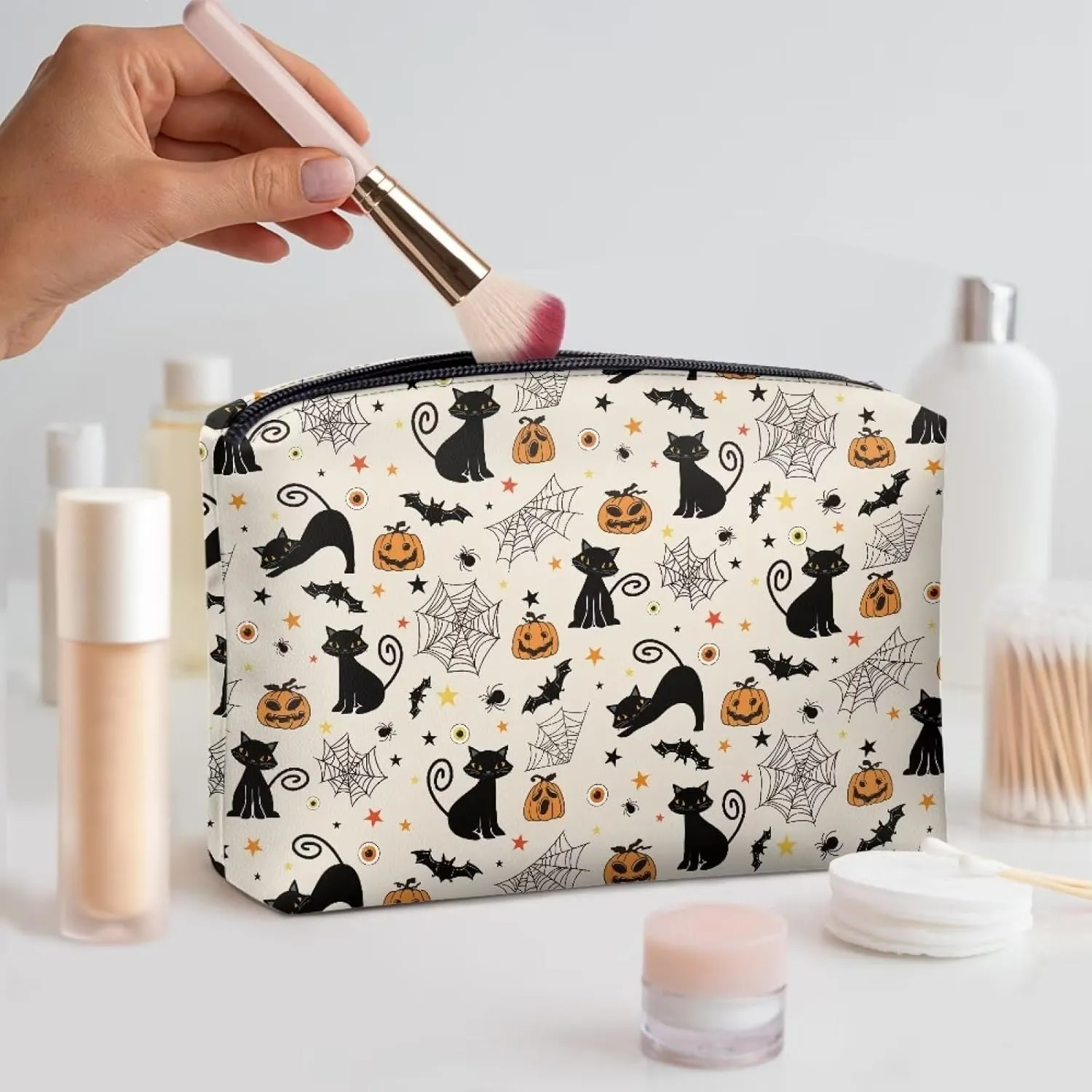TODIYADDU Women Clutch Purse Evening Small Makeup Organizer Bag Travel Leather Toiletry Bag Small Cosmetic Bag for Purse Evening Clutches for Wedding and Party Gifts, Cat Pumpkin Bat Web-Beige