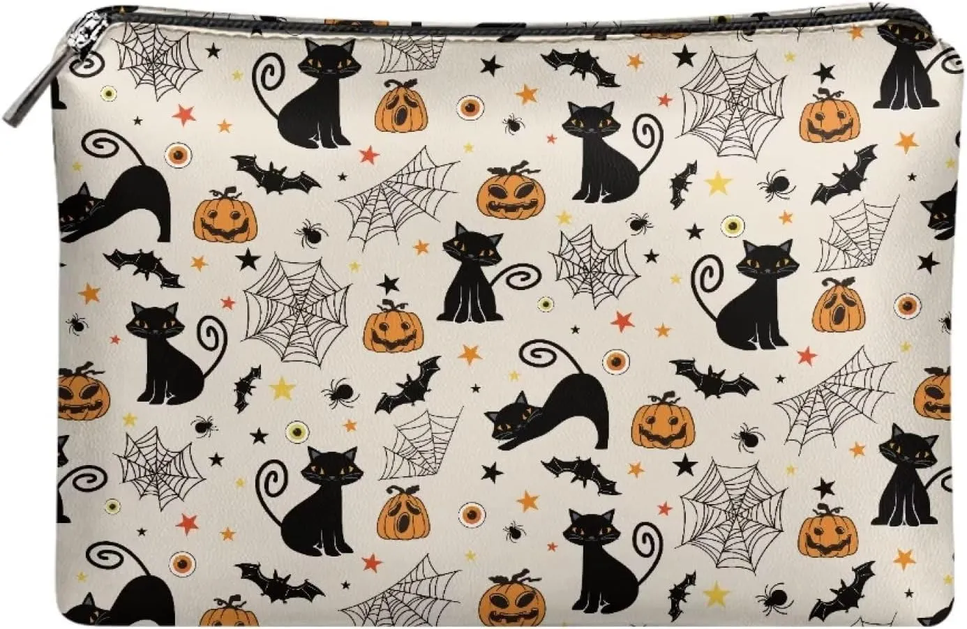 TODIYADDU Women Clutch Purse Evening Small Makeup Organizer Bag Travel Leather Toiletry Bag Small Cosmetic Bag for Purse Evening Clutches for Wedding and Party Gifts, Cat Pumpkin Bat Web-Beige