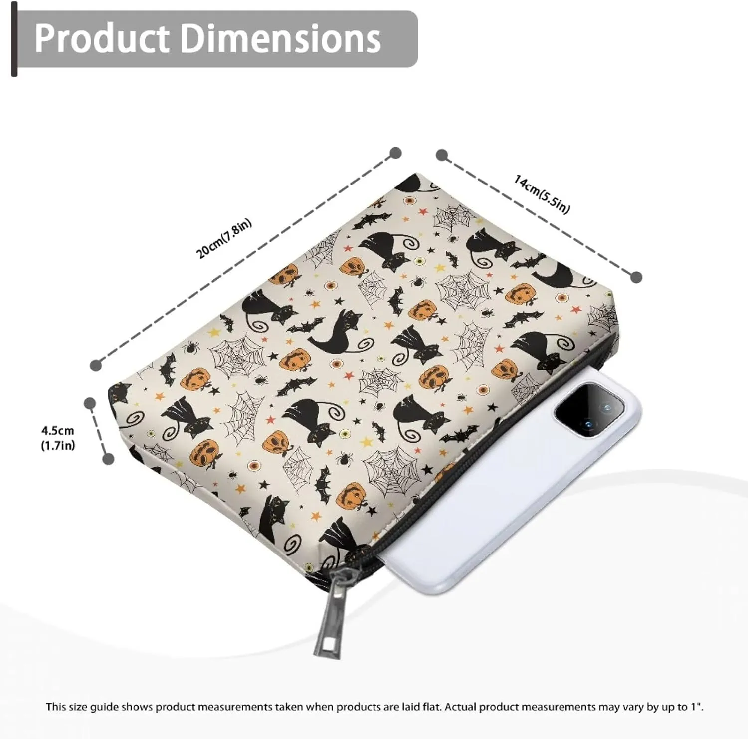 TODIYADDU Women Clutch Purse Evening Small Makeup Organizer Bag Travel Leather Toiletry Bag Small Cosmetic Bag for Purse Evening Clutches for Wedding and Party Gifts, Cat Pumpkin Bat Web-Beige