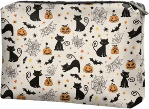TODIYADDU Women Clutch Purse Evening Small Makeup Organizer Bag Travel Leather Toiletry Bag Small Cosmetic Bag for Purse Evening Clutches for Wedding and Party Gifts, Cat Pumpkin Bat Web-Beige
