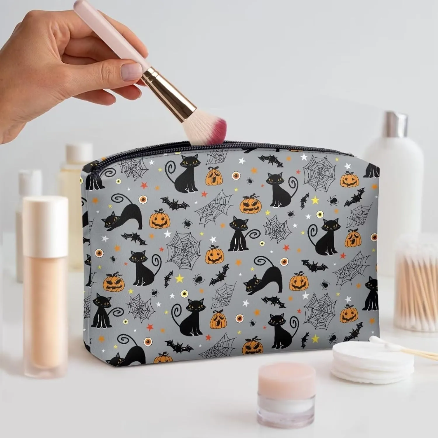 TODIYADDU Women Clutch Purse Evening Small Makeup Organizer Bag Travel Leather Toiletry Bag Small Cosmetic Bag for Purse Evening Clutches for Wedding and Party Gifts, Cat Pumpkin Bat Web-Grey