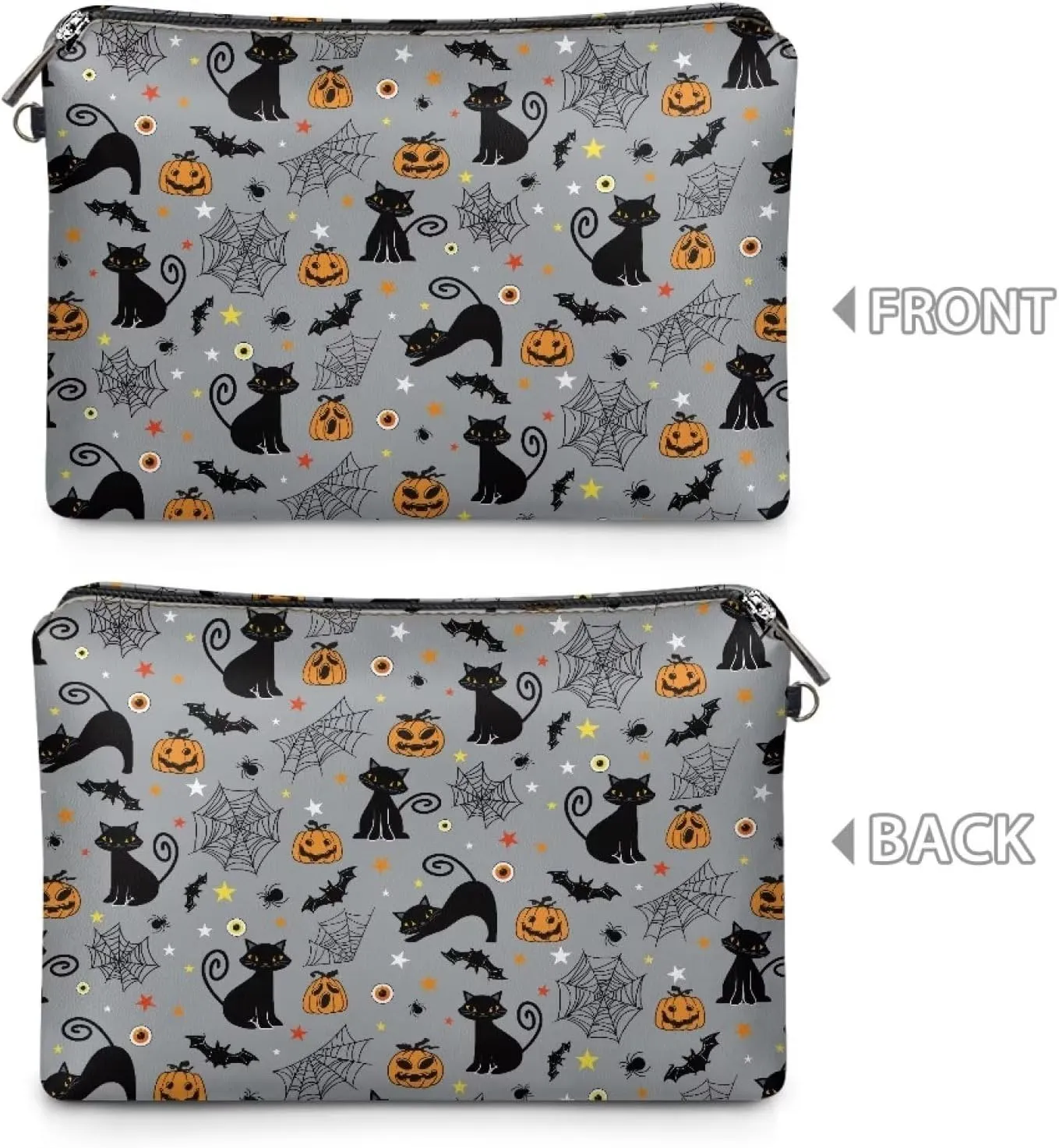 TODIYADDU Women Clutch Purse Evening Small Makeup Organizer Bag Travel Leather Toiletry Bag Small Cosmetic Bag for Purse Evening Clutches for Wedding and Party Gifts, Cat Pumpkin Bat Web-Grey