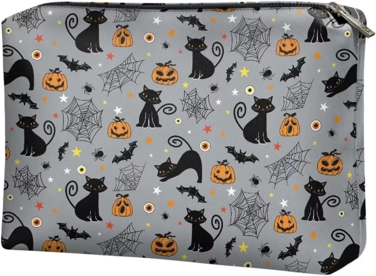 TODIYADDU Women Clutch Purse Evening Small Makeup Organizer Bag Travel Leather Toiletry Bag Small Cosmetic Bag for Purse Evening Clutches for Wedding and Party Gifts, Cat Pumpkin Bat Web-Grey