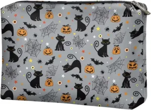 TODIYADDU Women Clutch Purse Evening Small Makeup Organizer Bag Travel Leather Toiletry Bag Small Cosmetic Bag for Purse Evening Clutches for Wedding and Party Gifts, Cat Pumpkin Bat Web-Grey