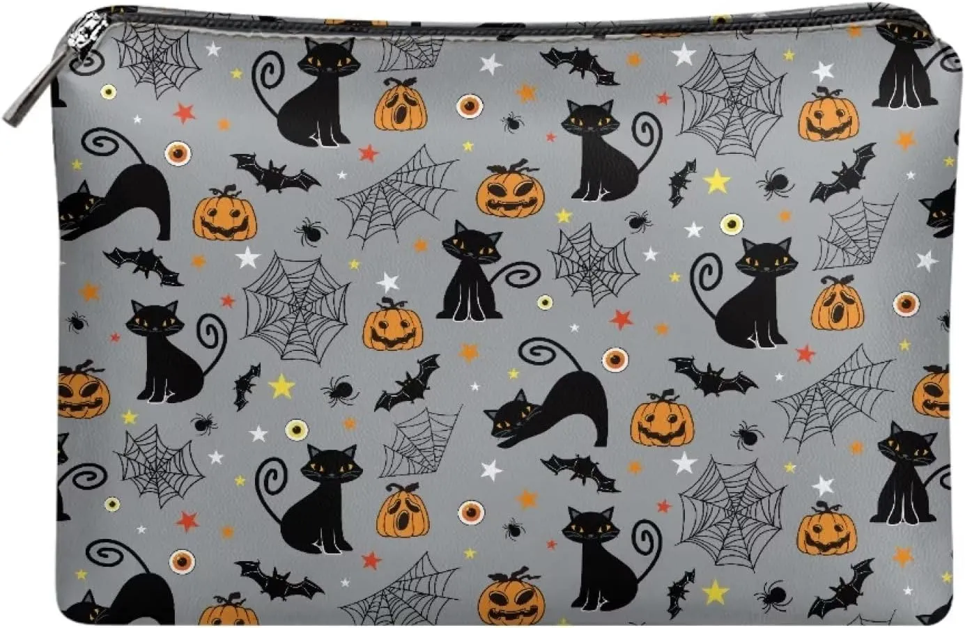 TODIYADDU Women Clutch Purse Evening Small Makeup Organizer Bag Travel Leather Toiletry Bag Small Cosmetic Bag for Purse Evening Clutches for Wedding and Party Gifts, Cat Pumpkin Bat Web-Grey
