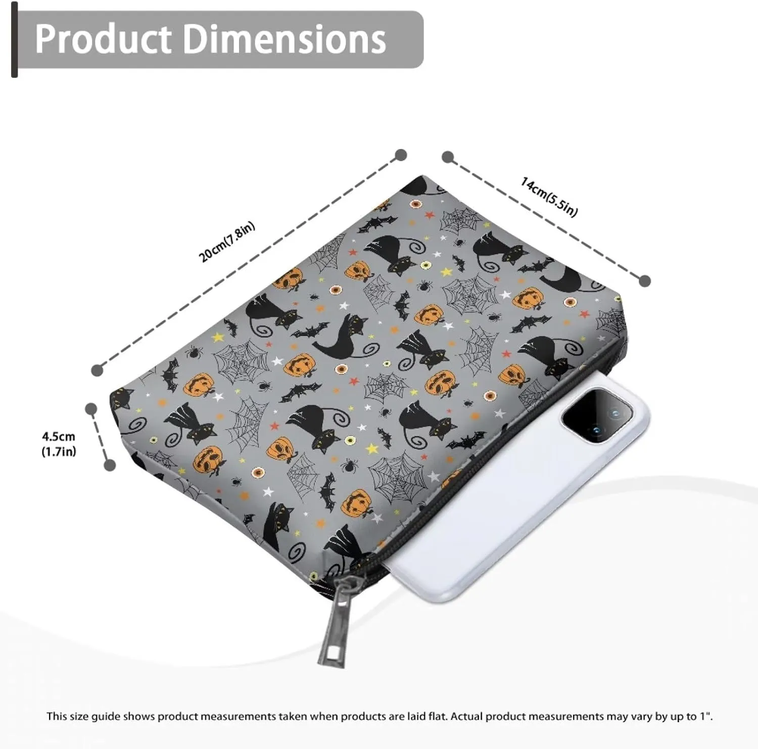TODIYADDU Women Clutch Purse Evening Small Makeup Organizer Bag Travel Leather Toiletry Bag Small Cosmetic Bag for Purse Evening Clutches for Wedding and Party Gifts, Cat Pumpkin Bat Web-Grey
