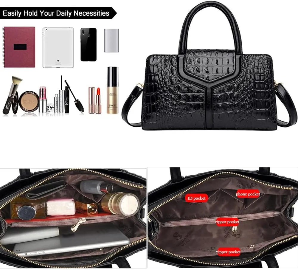 Top Handle Handbags Women Purse Crocodile Pattern Faux Leather Tote Bags Satchel Bags Zipper&Flap Handbag Shoulder Bag