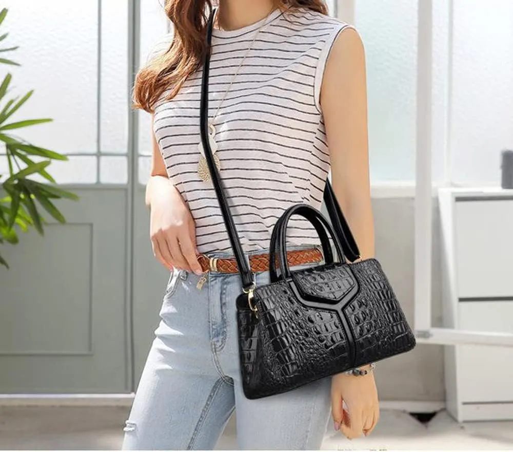 Top Handle Handbags Women Purse Crocodile Pattern Faux Leather Tote Bags Satchel Bags Zipper&Flap Handbag Shoulder Bag