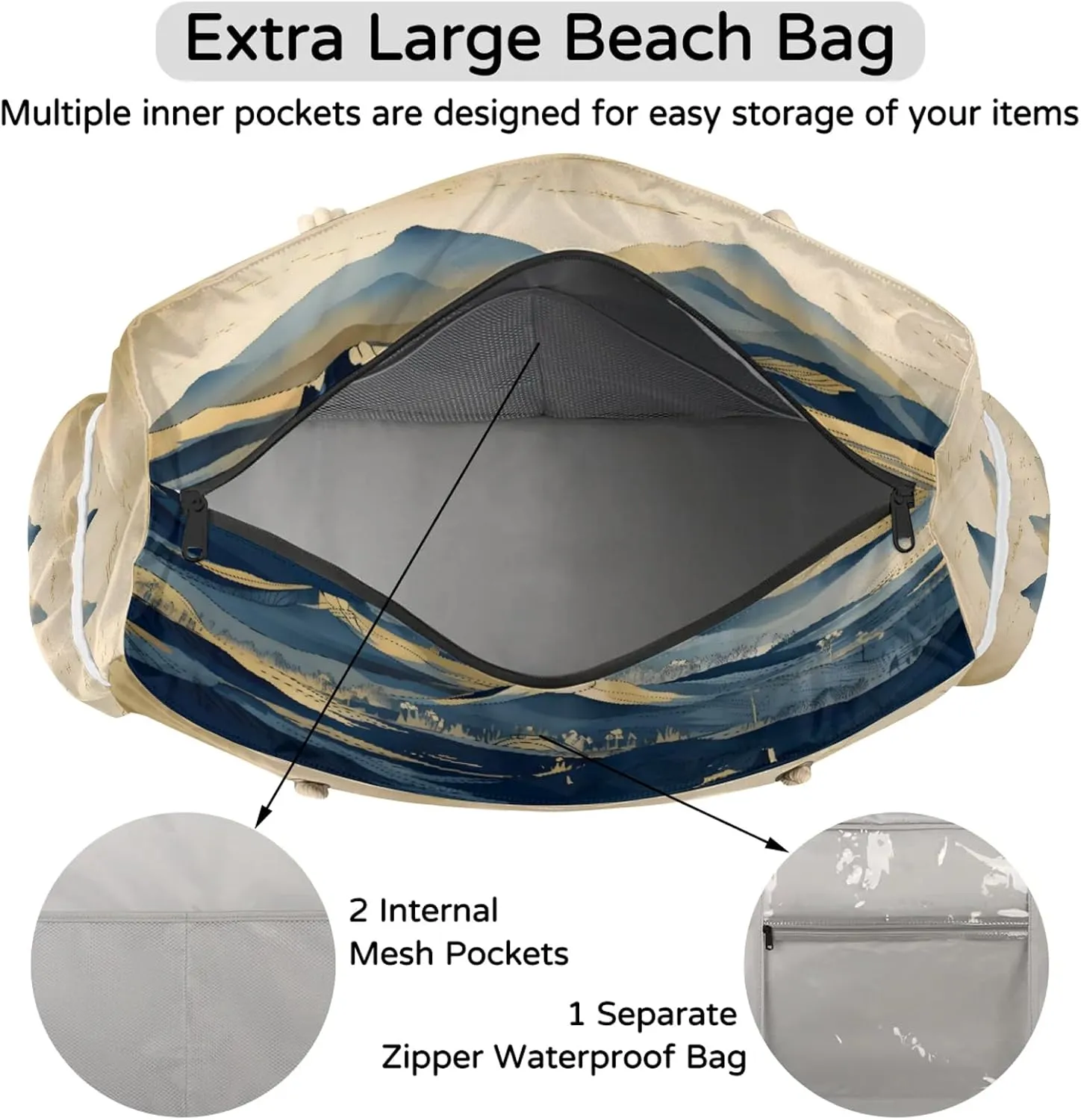 Tote Beach Bags for Women with Zipper Large Waterproof Sandproof Swim Pool Gym Travel Bag