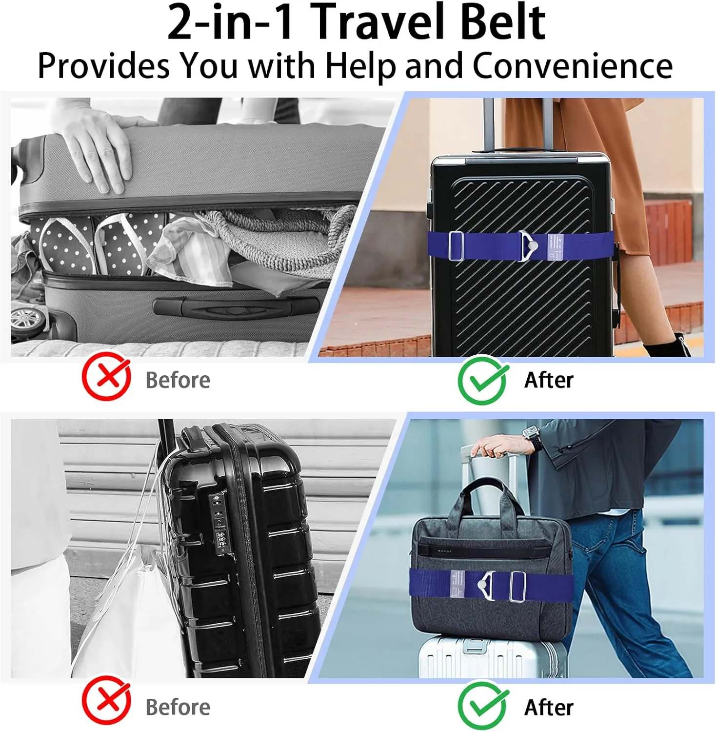 Travel Belt for Luggage Over Handle, 2-in-1 Adjustable Elastic Luggage Straps for Suitcases Add a Bag, Luggage Strap for Carry on Bag with Alloy Buckle, Suitcase Belt to Keep Suitcase Secure, Small