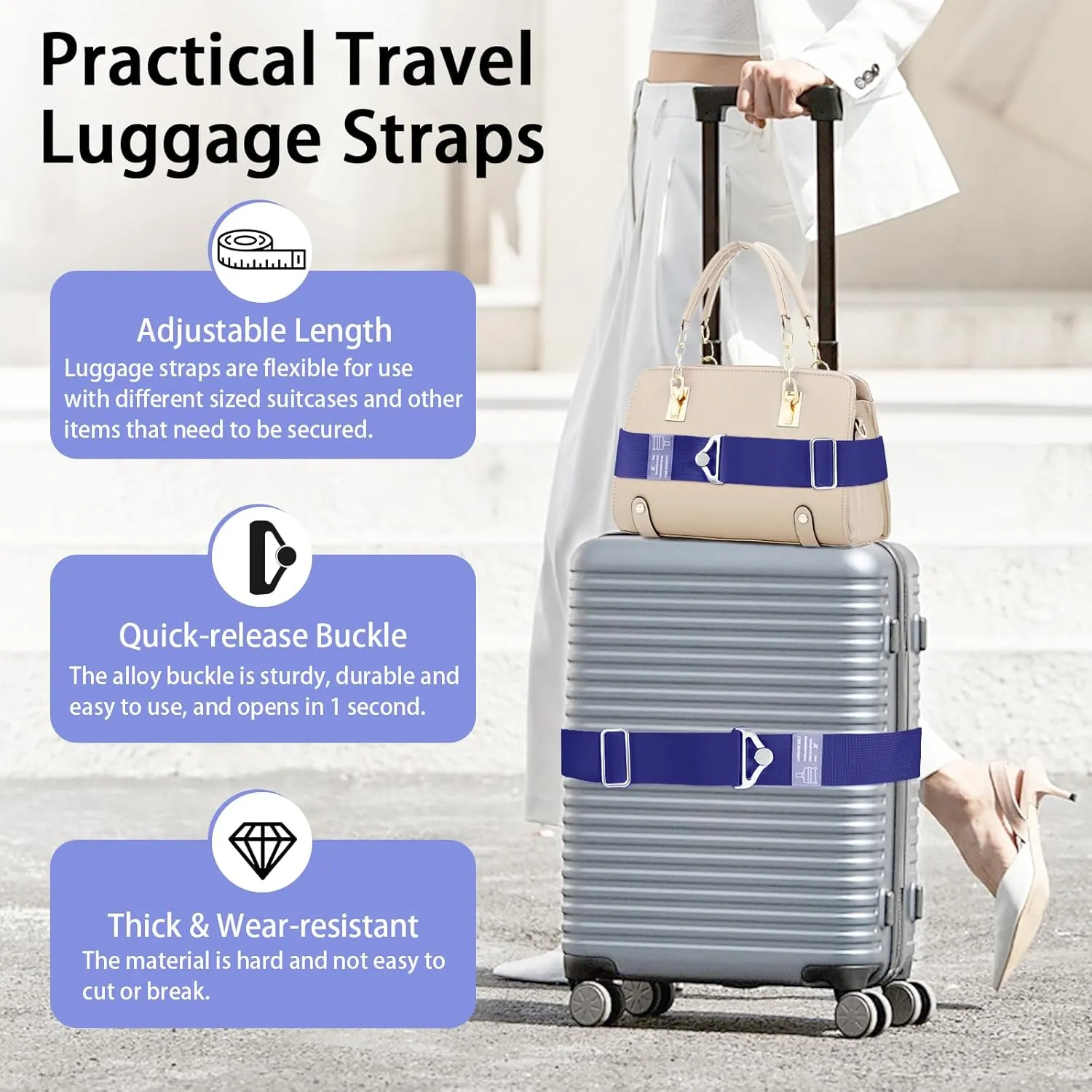 Travel Belt for Luggage Over Handle, 2-in-1 Adjustable Elastic Luggage Straps for Suitcases Add a Bag, Luggage Strap for Carry on Bag with Alloy Buckle, Suitcase Belt to Keep Suitcase Secure, Small