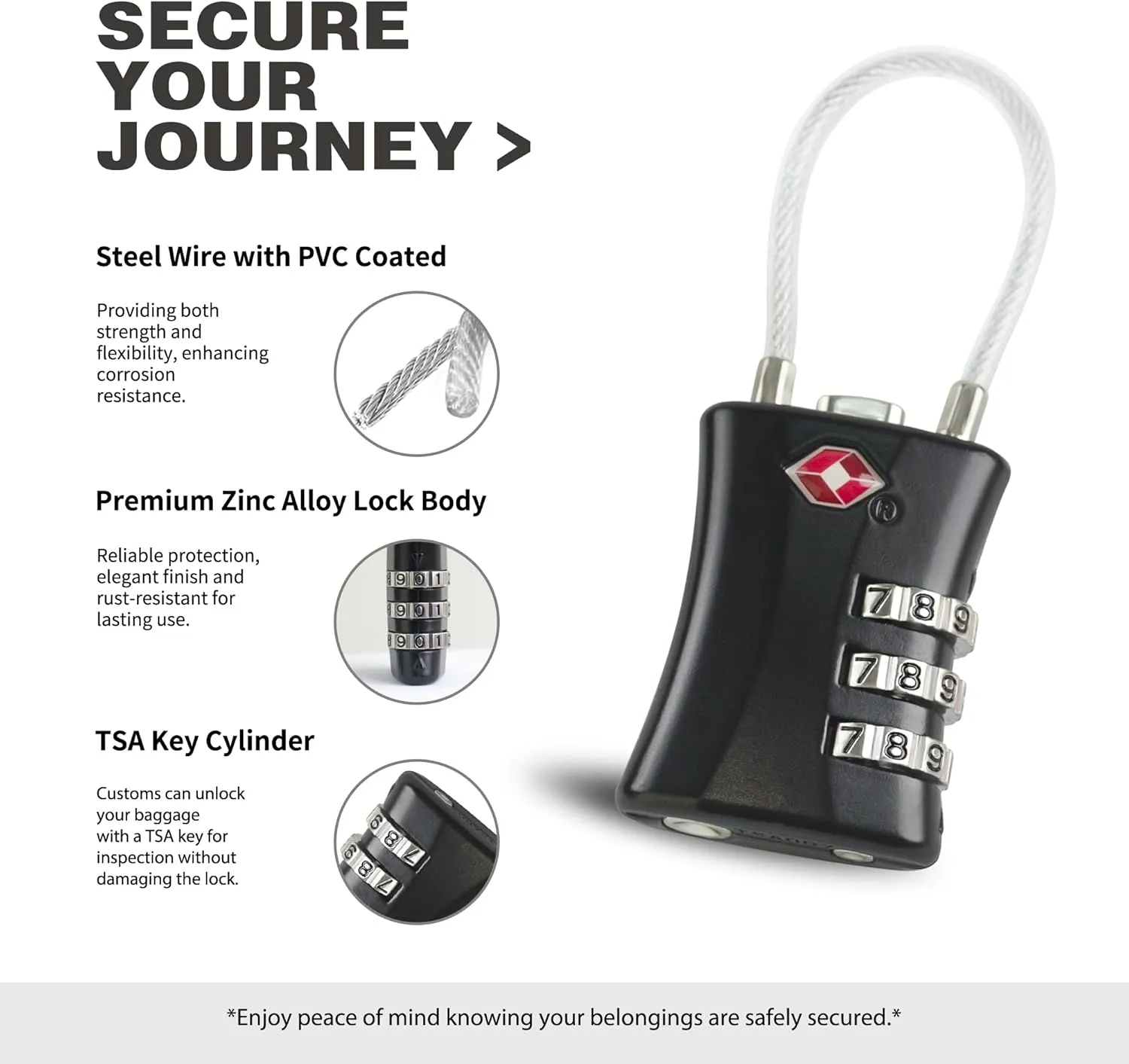 TSA Locks for Luggage, Small Combination Padlock, Luggage Locks TSA Approved, Padlock Combination with Cable, for Suitcase, Gym Locker, Gun Case, Ammo Can, Backpack Zipper (Black Black)
