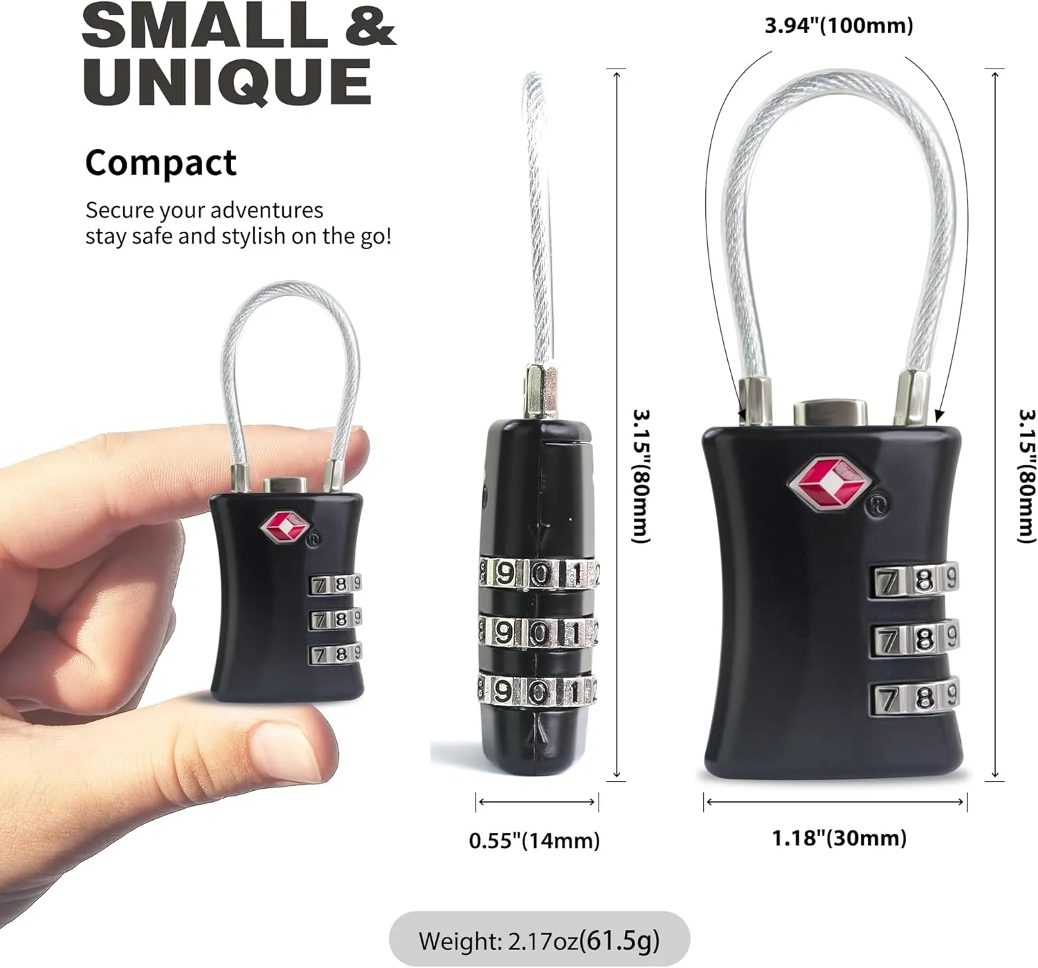 TSA Locks for Luggage, Small Combination Padlock, Luggage Locks TSA Approved, Padlock Combination with Cable, for Suitcase, Gym Locker, Gun Case, Ammo Can, Backpack Zipper (Black Black)