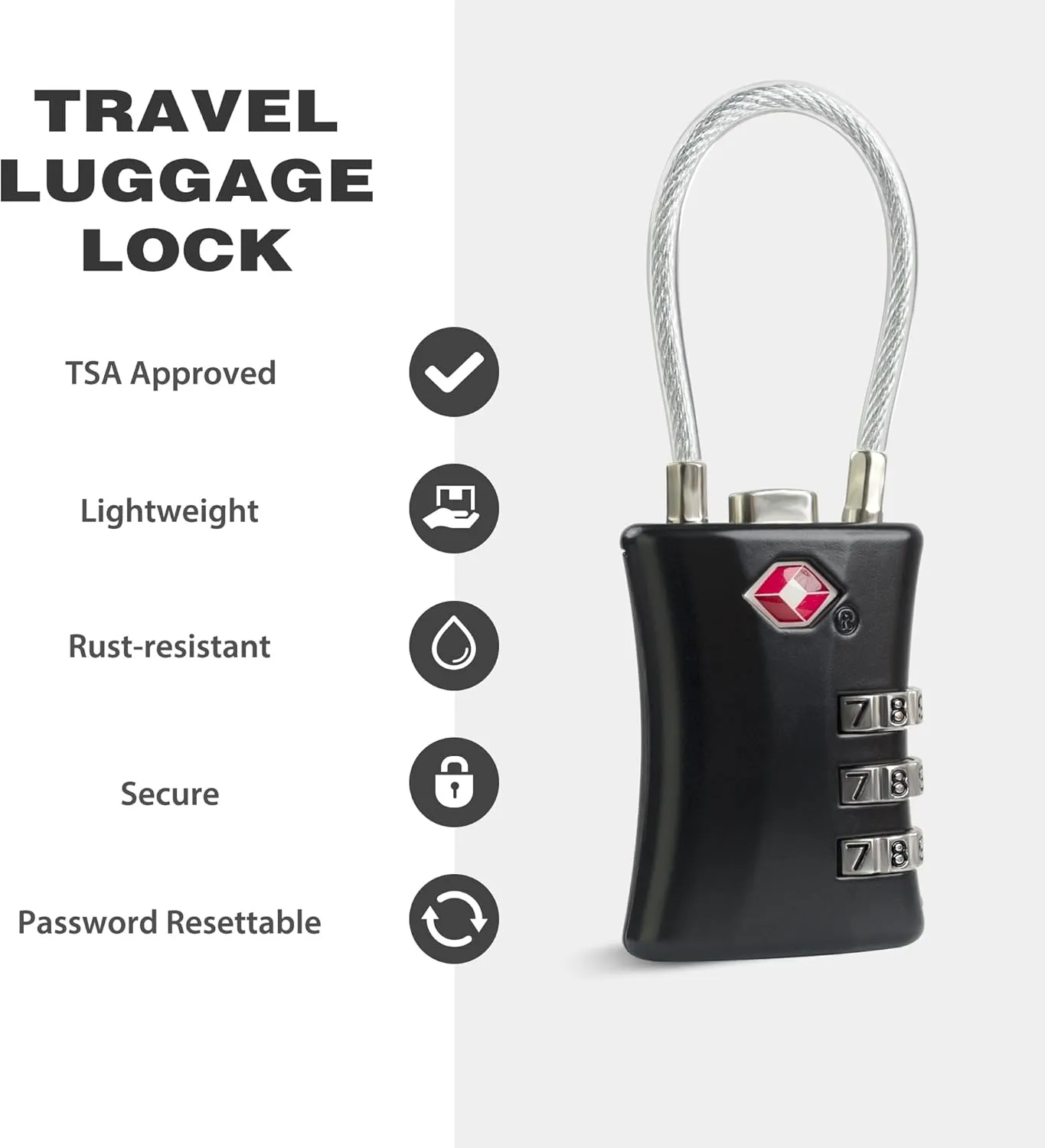 TSA Locks for Luggage, Small Combination Padlock, Luggage Locks TSA Approved, Padlock Combination with Cable, for Suitcase, Gym Locker, Gun Case, Ammo Can, Backpack Zipper (Black Black)