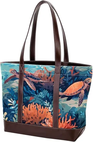 Turtle Art-319 Tote Bags Durable Leather Canvas Purses and Handbags for Women Top Handle Shoulder Satchel Hobo Bags