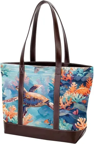 Turtle Art-334 Tote Bags Durable Leather Canvas Purses and Handbags for Women Top Handle Shoulder Satchel Hobo Bags