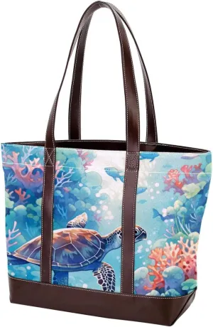 Turtle Art-340 Tote Bags Durable Leather Canvas Purses and Handbags for Women Top Handle Shoulder Satchel Hobo Bags