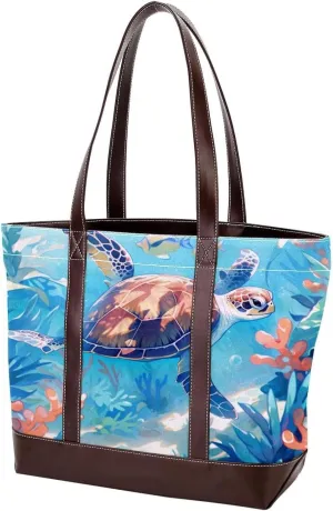 Turtle Art-355 Tote Bags Durable Leather Canvas Purses and Handbags for Women Top Handle Shoulder Satchel Hobo Bags
