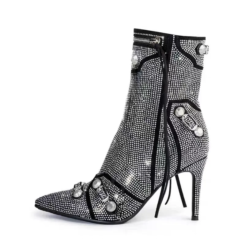 Ultra High Heel Side-Zip Riveted Stiletto Ankle Boots