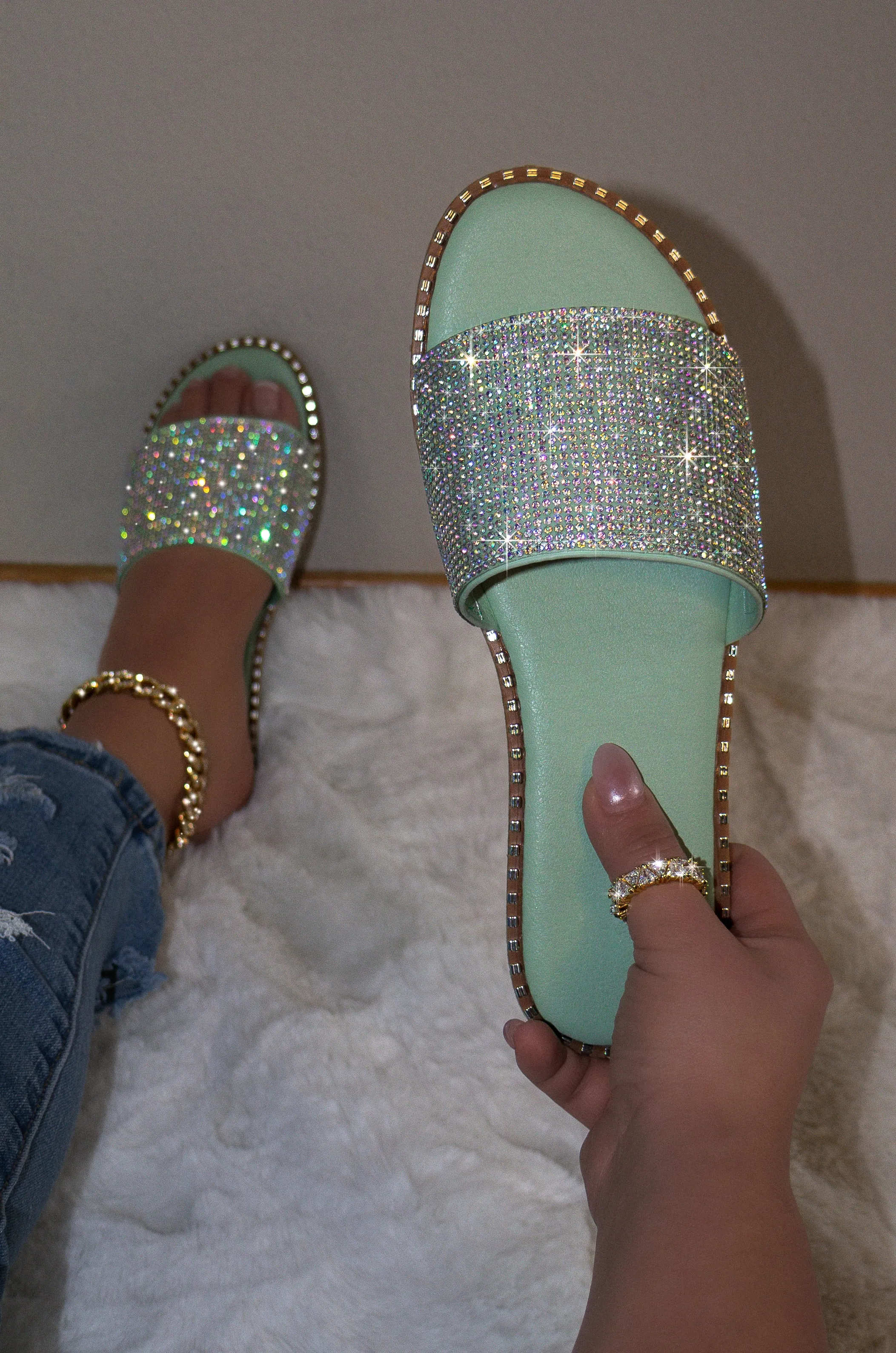Valkiria - Rhinestone Detailing Slip On Sandals