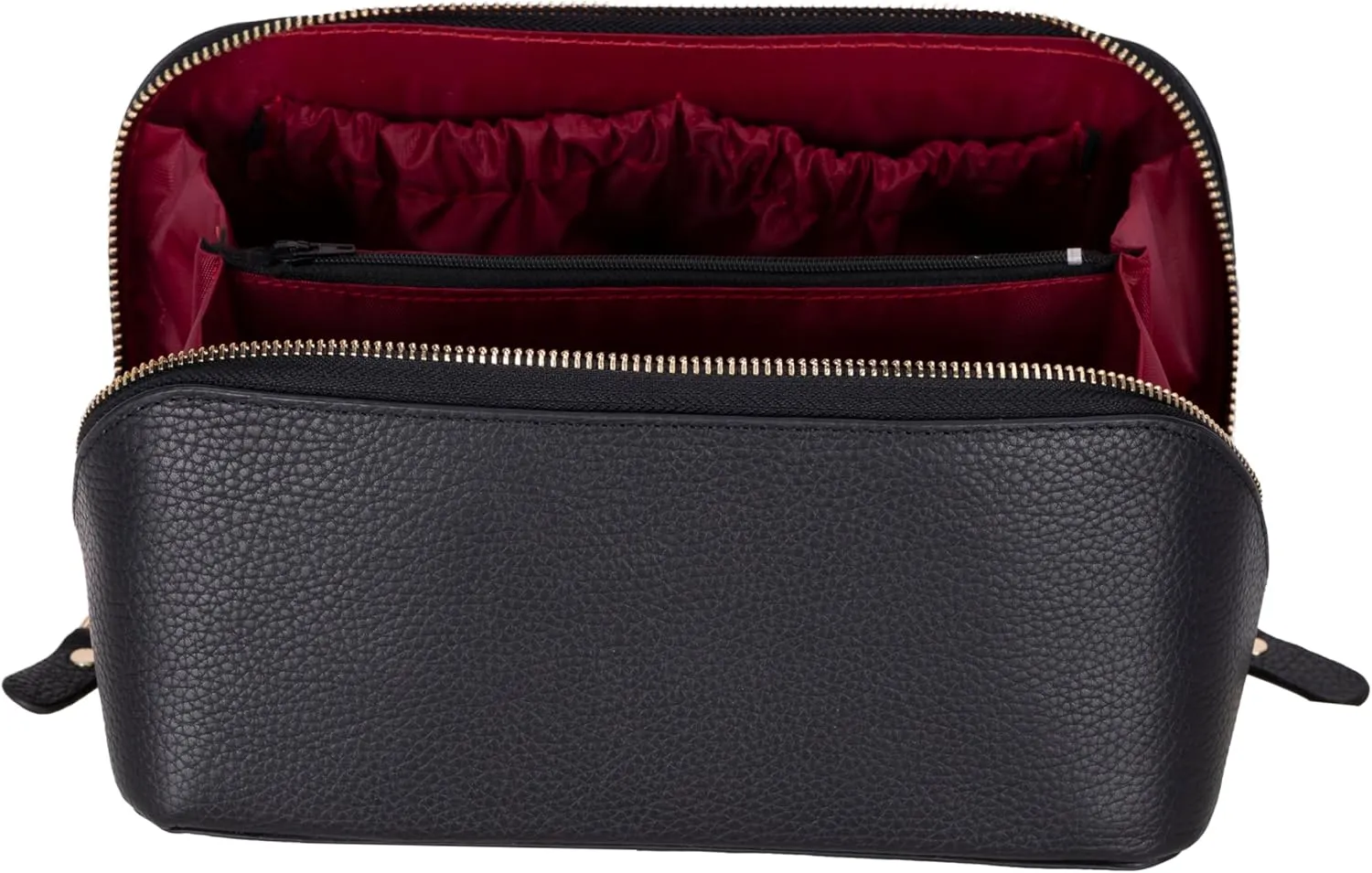 VENOULT Genuine Leather Makeup Bag, Spacious Cosmetic Case, Travel Toiletry Organizer with Handle (Gravel Black)
