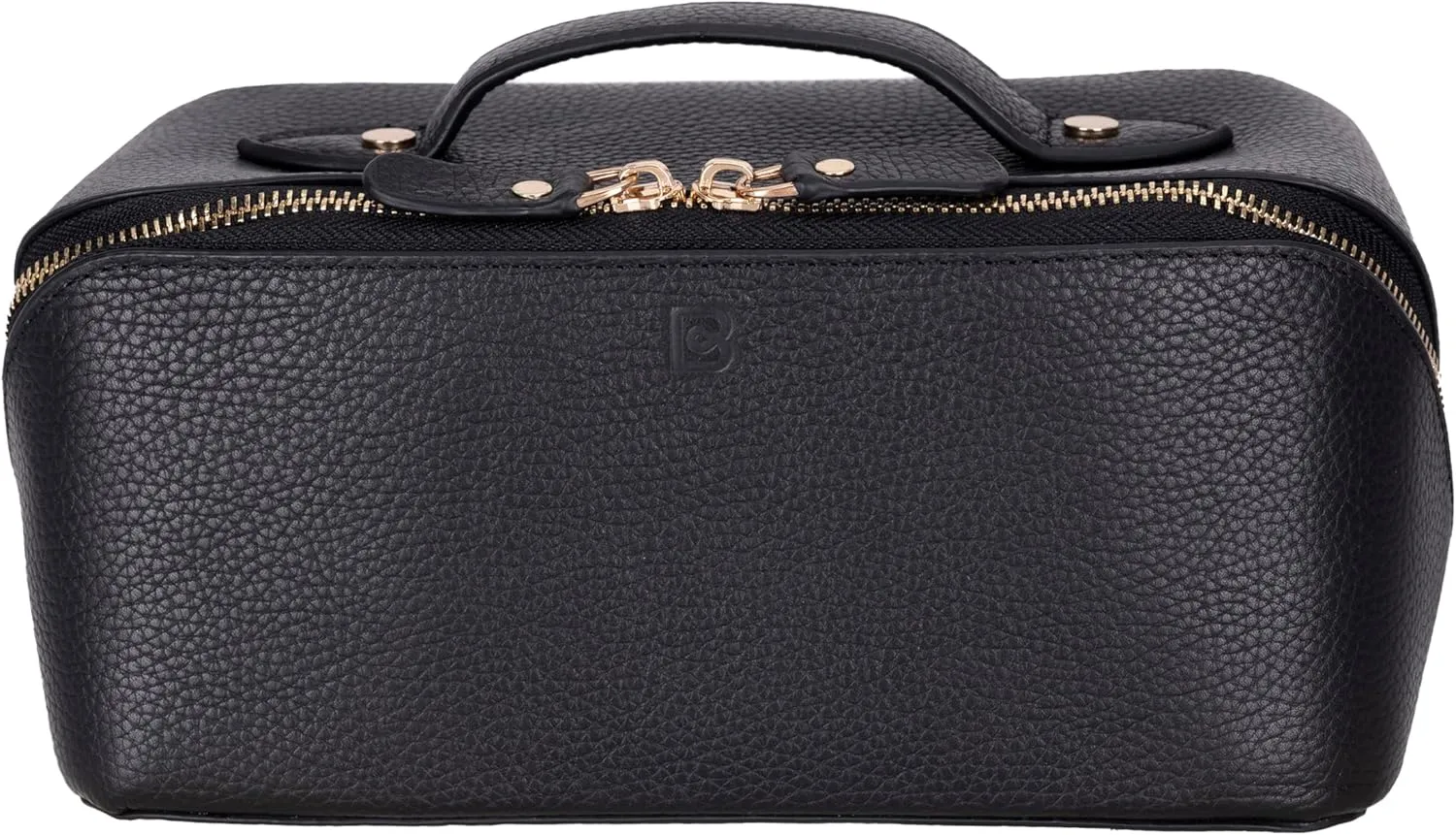 VENOULT Genuine Leather Makeup Bag, Spacious Cosmetic Case, Travel Toiletry Organizer with Handle (Gravel Black)
